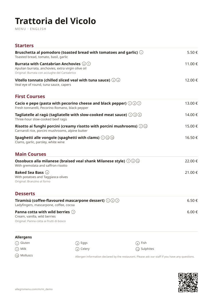 First page of the print-ready PDF: the sample menu in English with allergen numbers and its legend